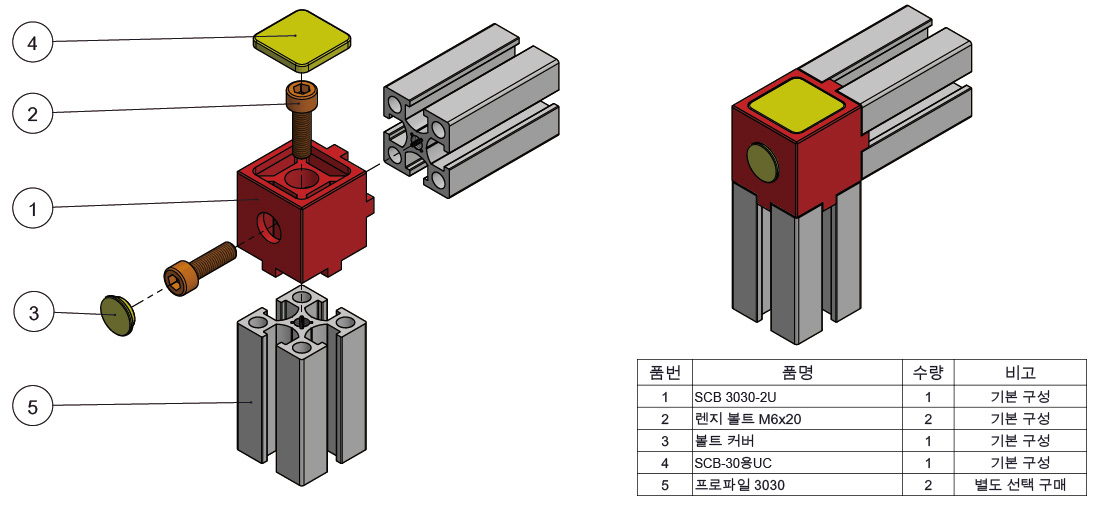 스마트 코너블럭 SCB 3030-2U, 2면 상부 조립용 제품 구성 및 조립도